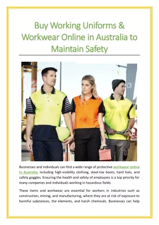 Buy Working Uniforms & Workwear Online in Australia to Maintain Safety