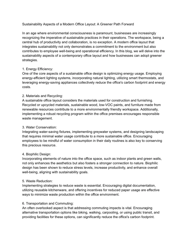 sustainability aspects of a modern office layout