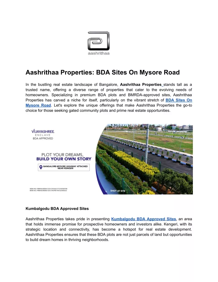 aashrithaa properties bda sites on mysore road