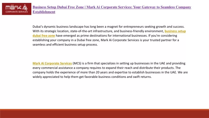 business setup dubai free zone mark ai corporate