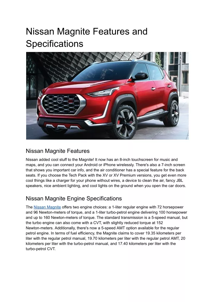 nissan magnite features and specifications