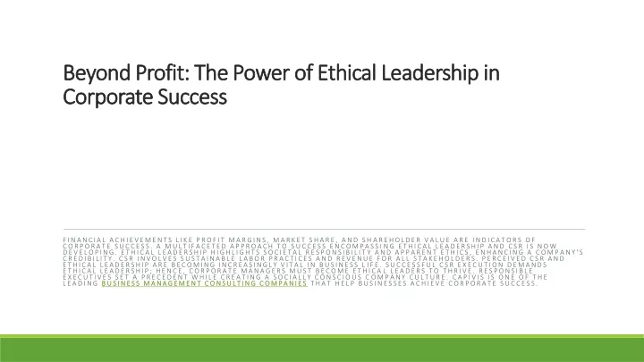 beyond profit the power of ethical leadership in corporate success