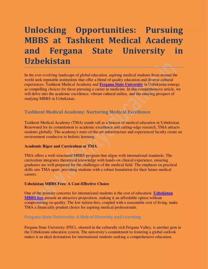 unlocking opportunities pursuing mbbs at tashkent