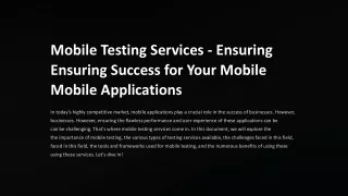 Mobile Testing Services Ensuring Success for Your Mobile Applications
