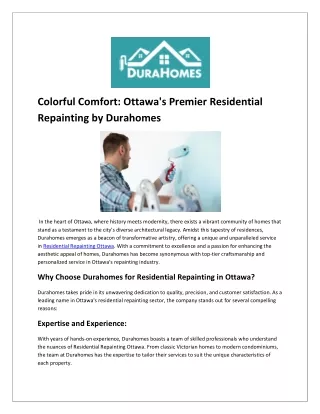 Colorful Comfort: Ottawa's Premier Residential Repainting by Durahomes