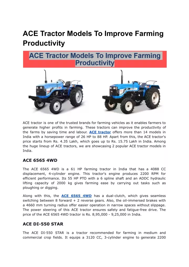 ace tractor models to improve farming productivity