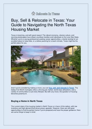 Buy, Sell & Relocate in Texas Your Guide to Navigating the North Texas Housing Market