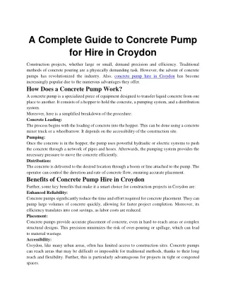 A Complete Guide to Concrete Pump for Hire in Croydon