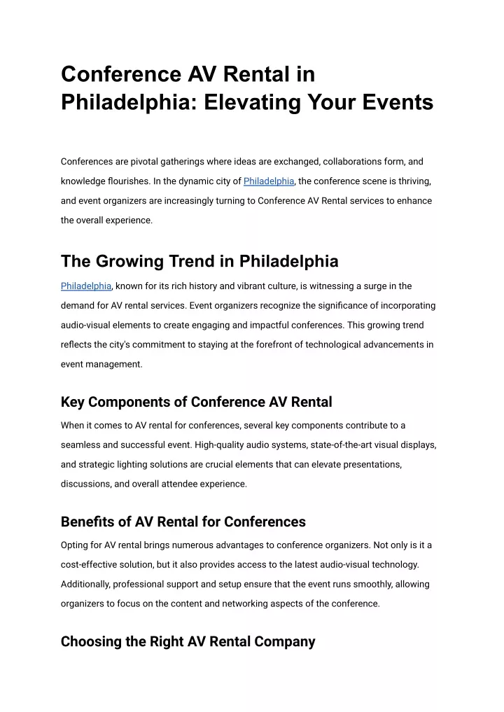 conference av rental in philadelphia elevating