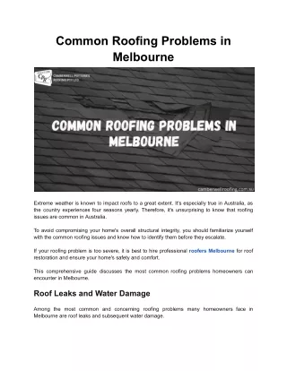 Common Roofing Problems in Melbourne