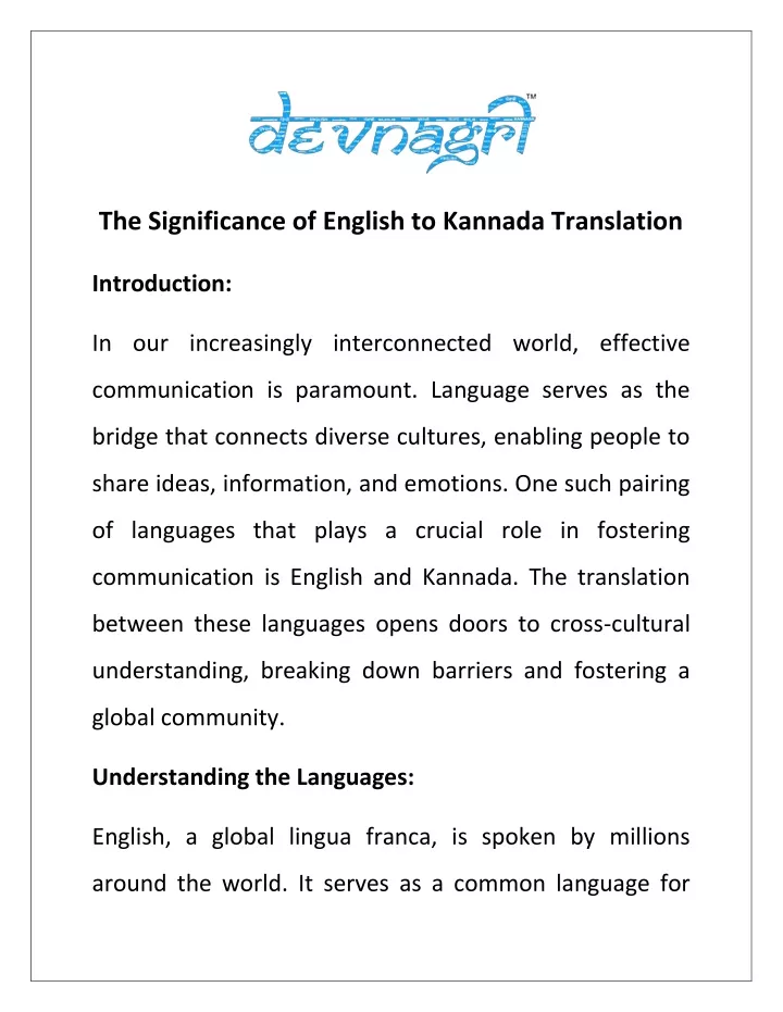 PPT The Significance of English to Kannada Translation PowerPoint