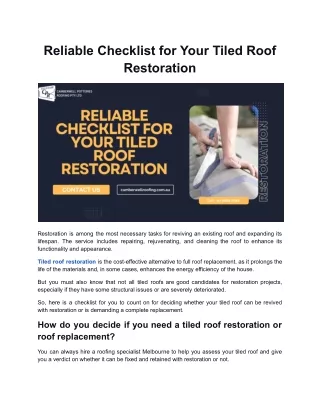 Reliable Checklist for Your Tiled Roof Restoration