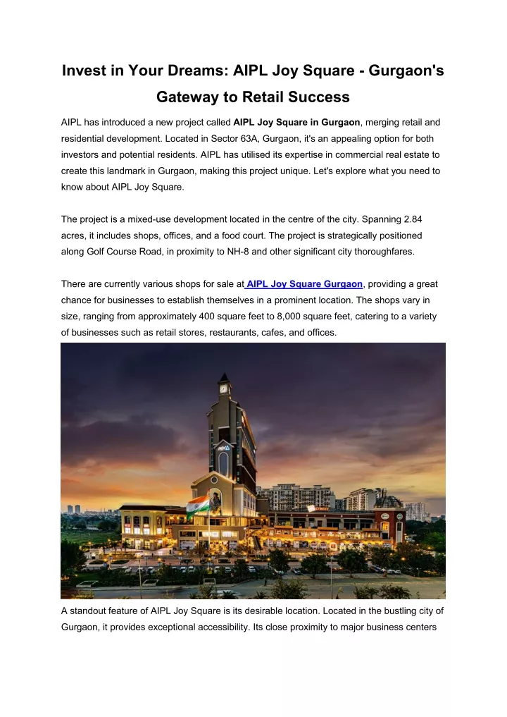 invest in your dreams aipl joy square gurgaon s