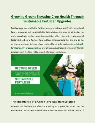 Growing Green: Elevating Crop Health Through Sustainable Fertilizer Upgrades