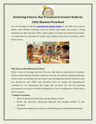 Nurturing Futures  Buy Preschool in Greater Noida by Little Illusions Preschool