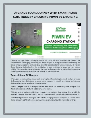 UPGRADE YOUR JOURNEY WITH SMART HOME SOLUTIONS BY CHOOSING PIWIN EV CHARGING