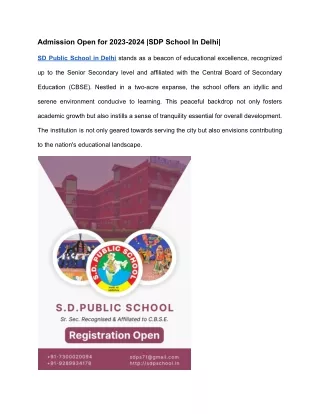 Admission Open for 2023-2024 SDP School In Delhi