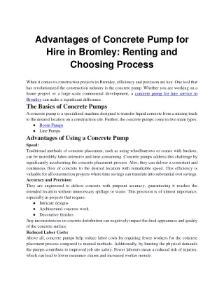Advantages of Concrete Pump for Hire in Bromley Renting and Choosing Process