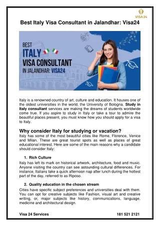Best Italy Visa Consultant in Jalandhar Visa24
