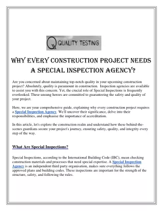 Why Every Construction Project Needs  a Special Inspection Agency?