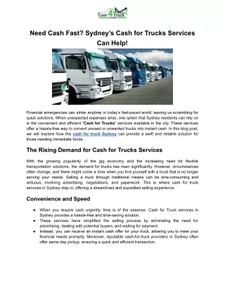 Sydney Cash for Trucks Services Can Help
