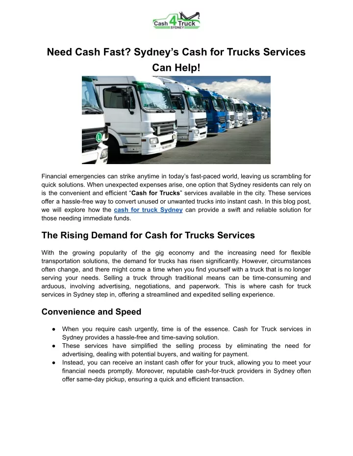 need cash fast sydney s cash for trucks services