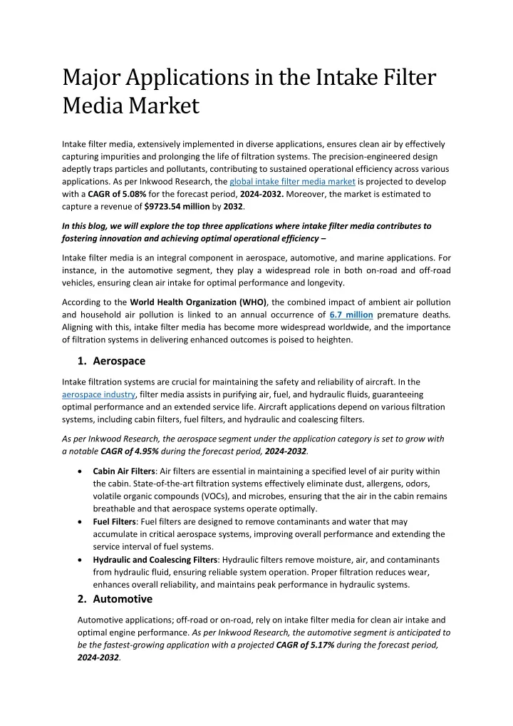 major applications in the intake filter media