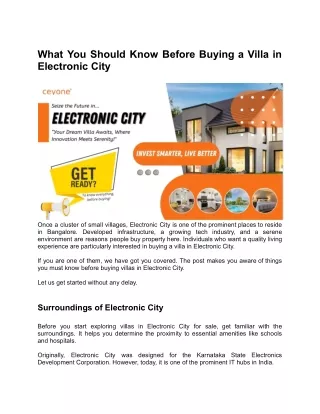 Essential Insights for Prospective Villa Buyers in Electronic City