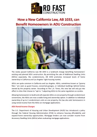 How a New California Law, AB 1033, can Benefit Homeowners in ADU Construction