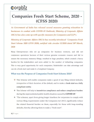 Fresh Start Scheme for Companies, 2020 - CFSS 2020