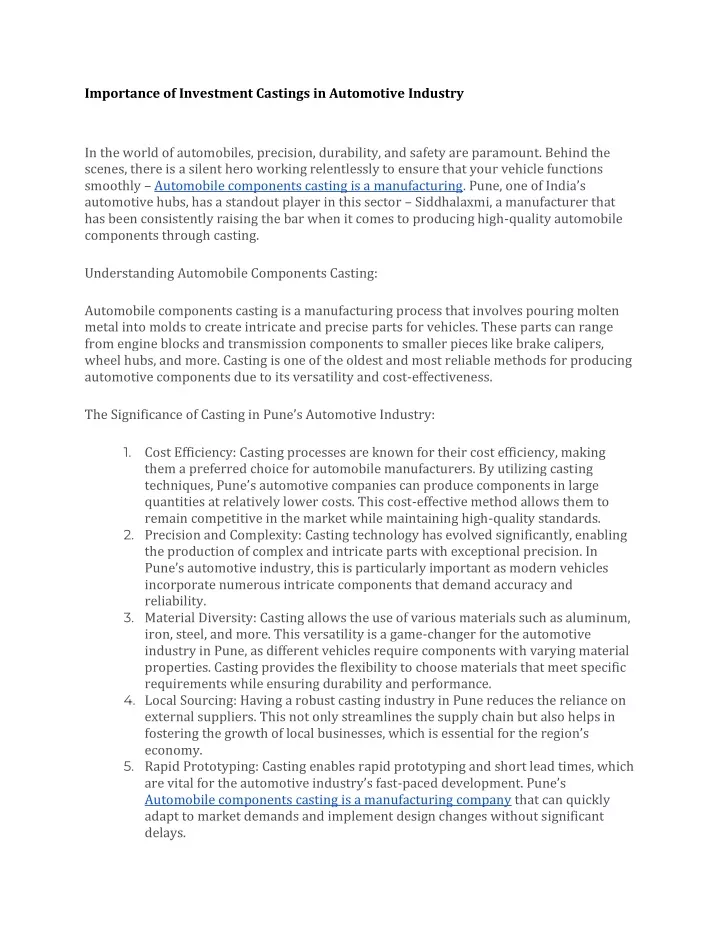 importance of investment castings in automotive