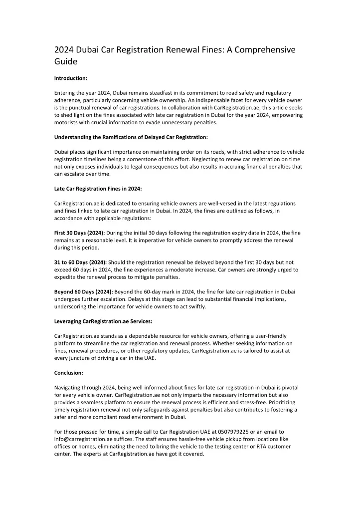 PPT 2024 Dubai Car Registration Renewal Fines PowerPoint Presentation