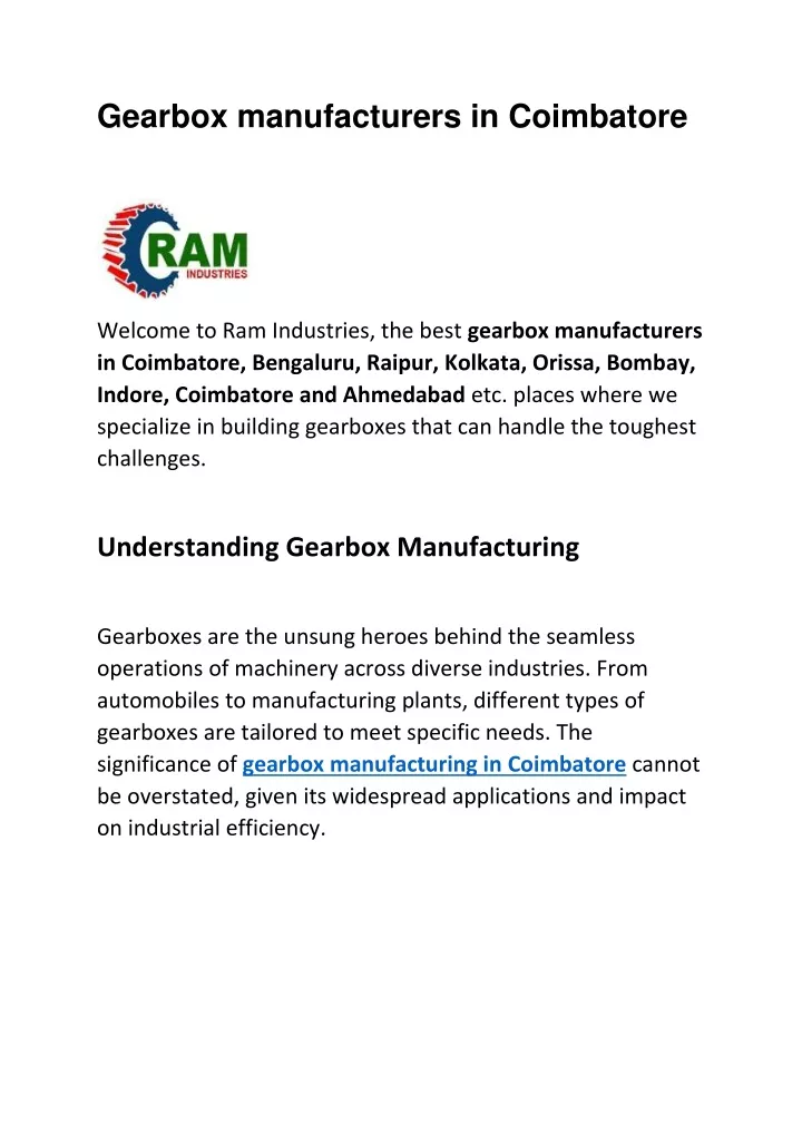 gearbox manufacturers in coimbatore