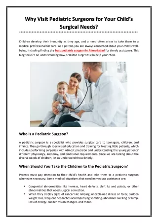 Why Visit Pediatric Surgeons for Your Child’s Surgical Needs?