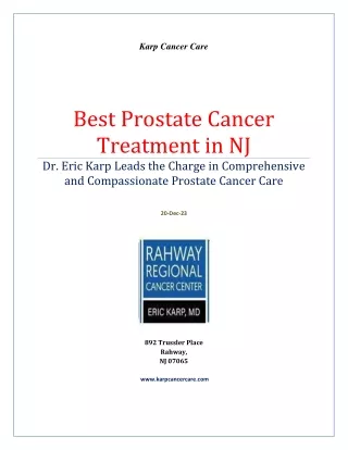 Pioneering the Best Prostate Cancer Treatment in NJ at Karp Cancer Care