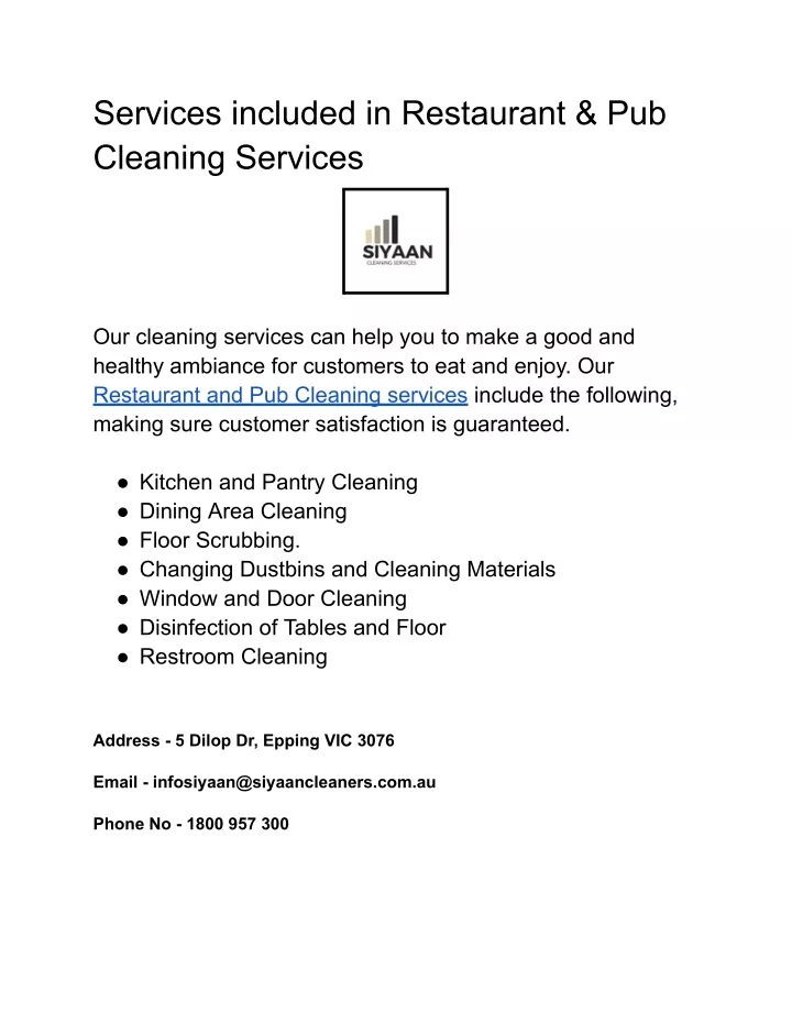 services included in restaurant pub cleaning