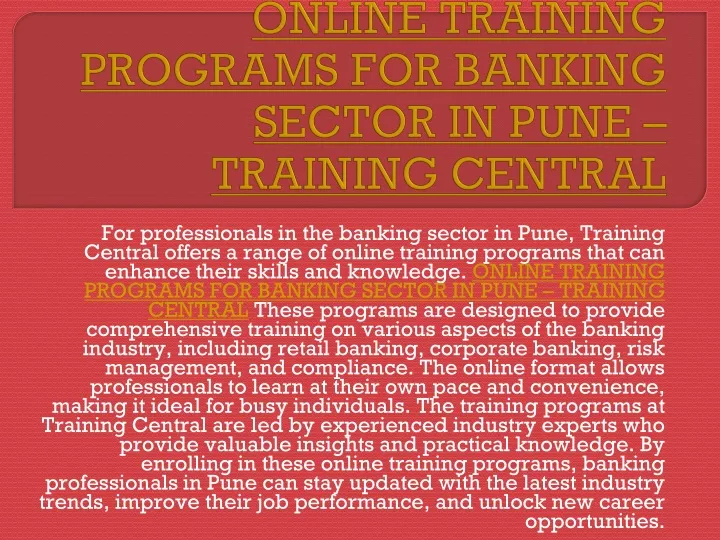 online training programs for banking sector in pune training central