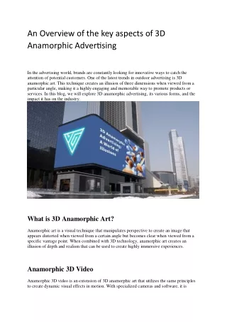 An Overview of the key aspects of 3D Anamorphic Advertising