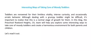 Interesting Ways of Taking Care of Moody Toddlers