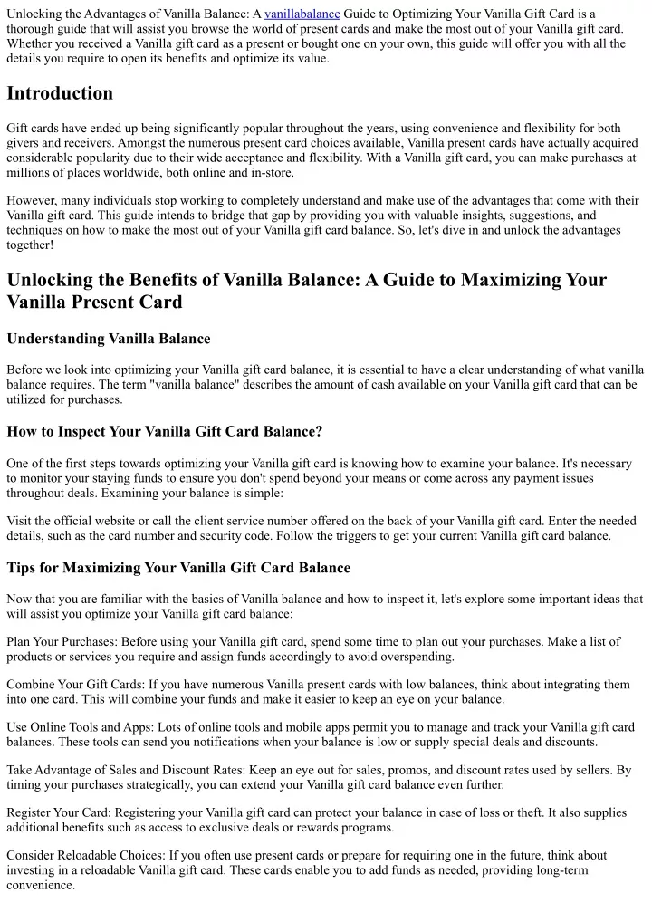 unlocking the advantages of vanilla balance