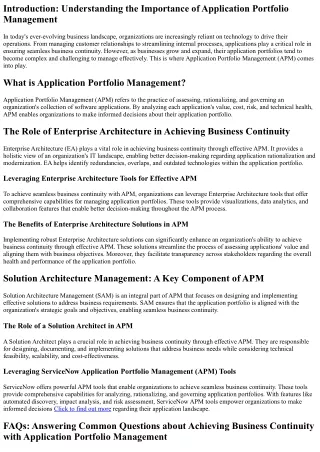 Achieving Business Continuity with Application Portfolio Management