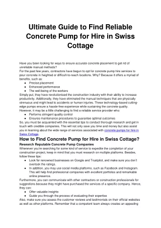 Ultimate Guide to Find Reliable Concrete Pump for Hire in Swiss Cottage