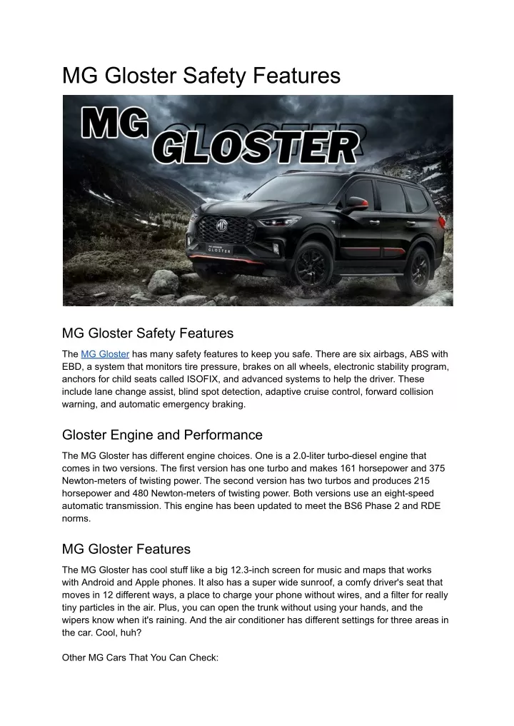 mg gloster safety features