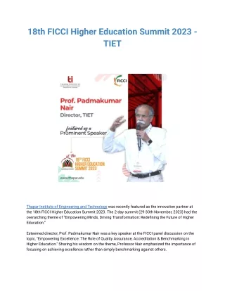 18th FICCI Higher Education Summit 2023 - TIET