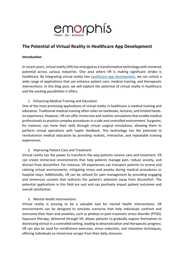 the potential of virtual reality in healthcare