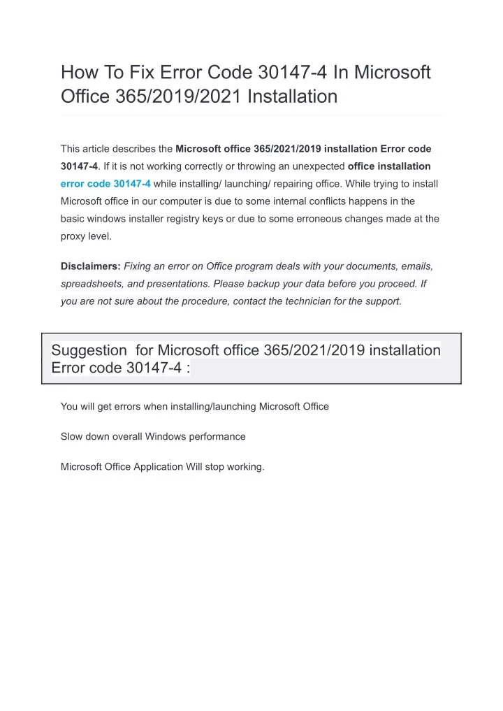 how to fix error code 30147 4 in microsoft office