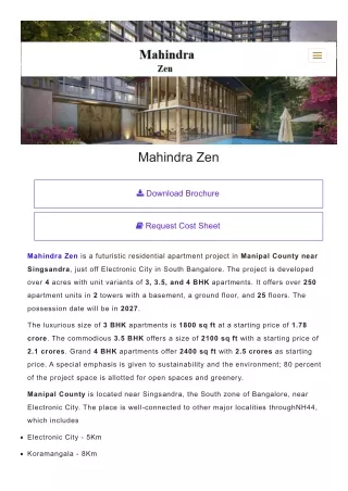 Mahindra Zen Sigansandra Bangalore