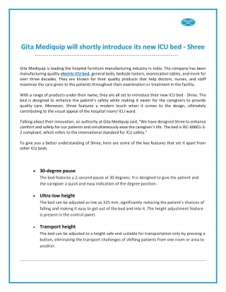 Gita Mediquip will shortly introduce its new ICU bed - Shree