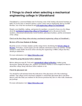 3 Things to check when selecting a mechanical engineering college in Uttarakhand