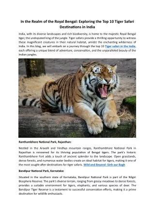 Top 10 Tiger Safari Destinations in India